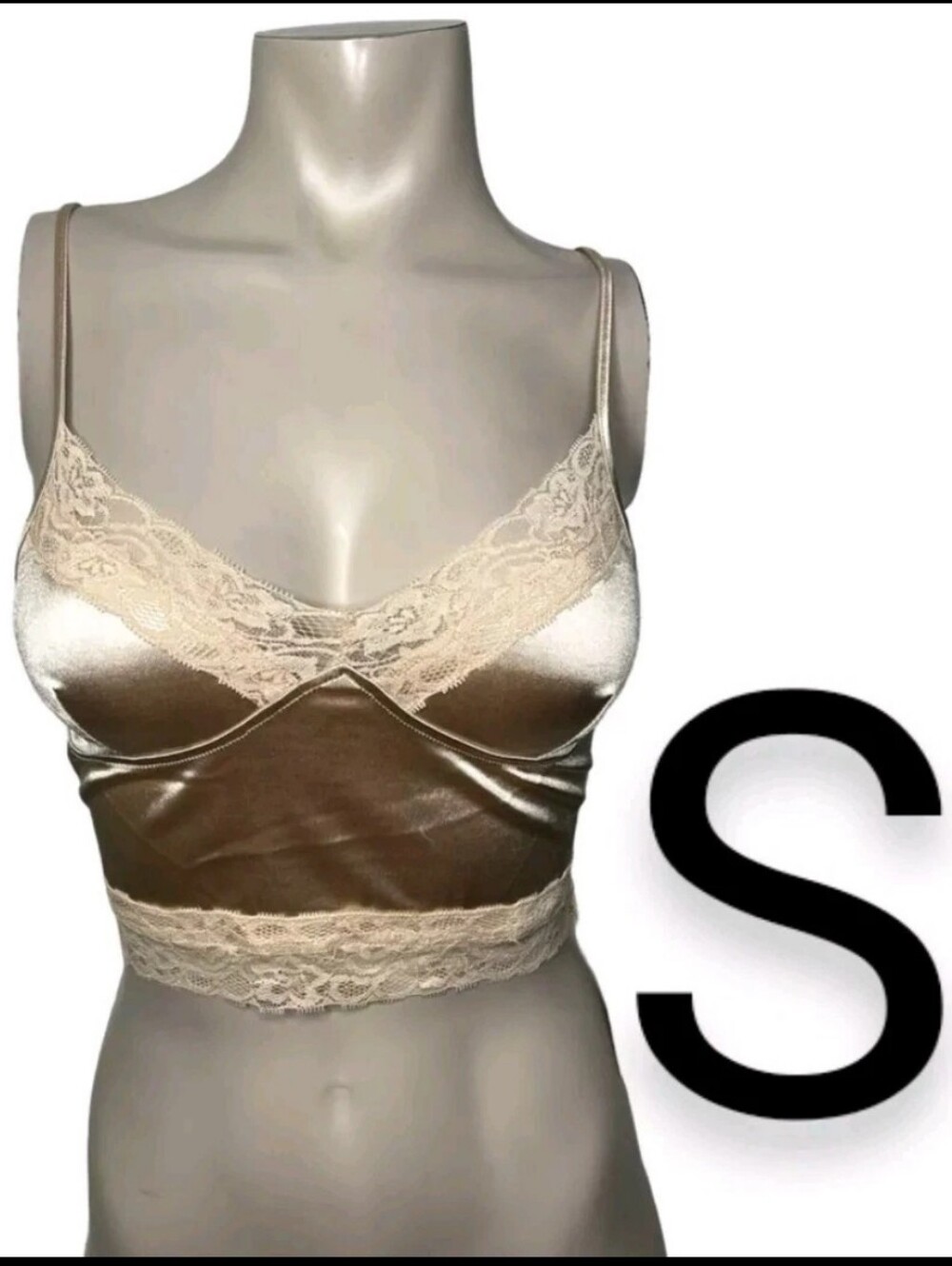 🆕Satin Silky Champagne Tan Cami Lace Trim Crop Top~Size S